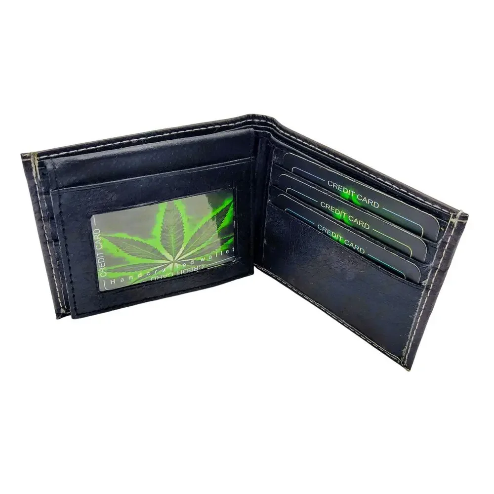 Handcrafted Men’s Full‑Size Wallet Vegan Leather, Bold Cannabis Leaf Print